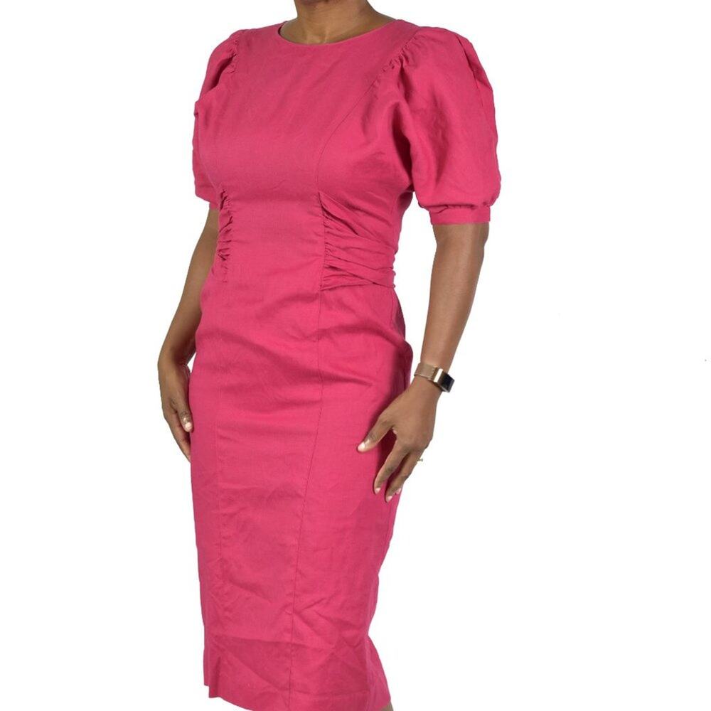 Vintage Ciro Pink Linen Dress Puff Sleeve Back Buttons Architectural 90s XS 2 - Picture 2 of 15